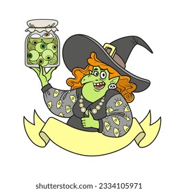 Cute cartoon senior witch with a jar full of eyeballs emblem color variation isolated on a white background