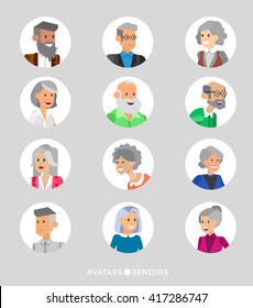 Cute cartoon seniors avatars set, male and female, old people faces collection. Vector detailed