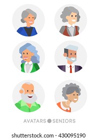 Cute cartoon seniors avatars set, male and female, old people faces collection. Vector detailed