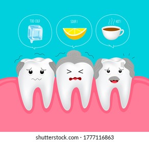 Cute cartoon sensitive senior teeth character. Ice, Sour lemon and hot drinks. Dental care concept.  Illustration on blue background.