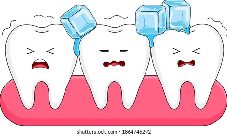 Cute cartoon sensitive teeth character with ice. Sensitive teeth to coldness. Vector illustration.