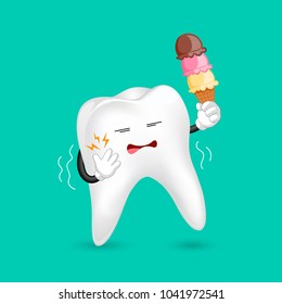 Cute cartoon sensitive tooth character holding ice cream. Cold sensitivity,  dental care concept.  Illustration isolated on green background.