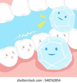 Cute cartoon sensitive tooth with a ice 