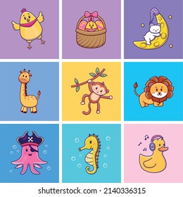 Cute cartoon set of animals illustrations. Isolated animal vector. Flat cartoon style