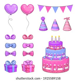 Cute cartoon set of birthday elements: cake, gift, bow, hat, balloon, flag. Vector illustration isolated on white background.