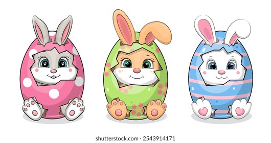 Conjunto de dibujos animados lindos de los conejos en los huevos de Pascua. Ilustración vectorial de huevos rosas, verdes y azules sobre un fondo blanco.