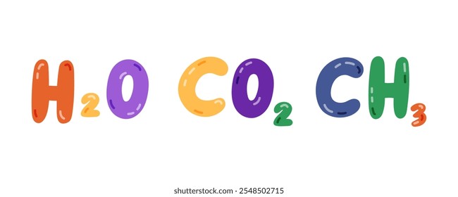 Cute cartoon set with chemical formulas of H2O, CO2, CH2. Hand drawn lettering of water, carbon dioxide, methylene as sign of chemistry, science and medicine. Hand drawn clipart isolated on white.