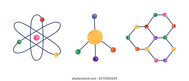 Cute cartoon set with chemistry molecule and atom structure. Hand drawn chemical formula as sign of science, medicine, technology, biology. Scientific molecular model clipart isolated on background.