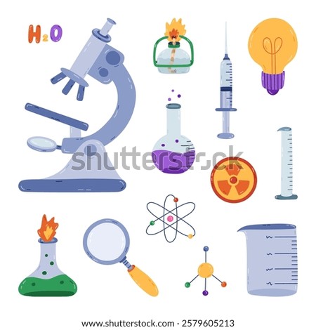 Cute cartoon set with chemistry, science and laboratory clipart. Lab equipment for chemical, genetic, medical experiment, study. Hand drawn doodle for learning medicine, biology isolated on white.