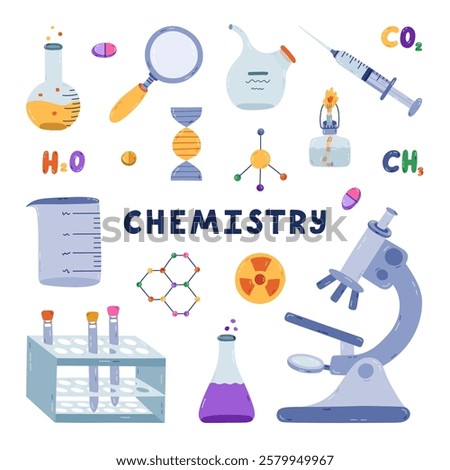 Cute cartoon set with chemistry, science and laboratory clipart. Lab equipment for chemical, genetic, medical experiment, study. Hand drawn doodle for learning medicine, biology isolated on white.