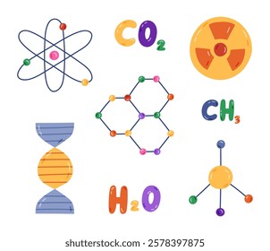 Cute cartoon set with chemistry symbols. Molecule, atom, chemical formulas of H2O, CO2, CH2, DNA chromosome, nuclear radiation. Hand drawn sign of science, medicine, technology, biology.