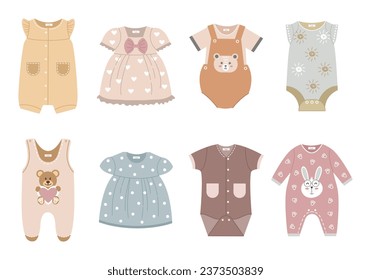 Cute cartoon set of children's clothes. Vector flat illustration of baby dresses, onesies, rompers, bodysuits isolated on white background.