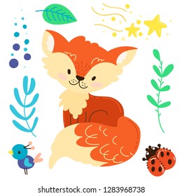 Cute cartoon set. Children's vector illustration. Template for childish things. Redhead, funny fox, butterflies, plants, ladybug. isolated on white background