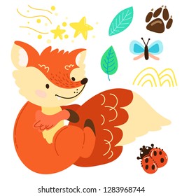 Cute cartoon set. Children's vector illustration. Template for childish things. Redhead, funny fox, butterflies, plants, ladybug. isolated on white background