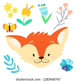Cute cartoon set. Children's vector illustration. Template for childish things. Redhead, funny fox, flowers, plants, ladybug. isolated on white background