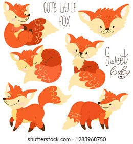 Cute cartoon set. Children's vector illustration. Template for childish things. Red, cheerful fox running, sitting, sleeping. isolated on white background