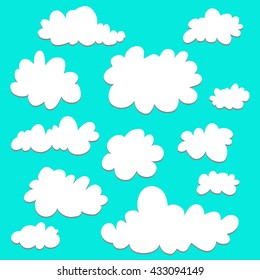 Cute cartoon set of clouds on blue background for logo, web and print. Sky background. Graphic element vector.