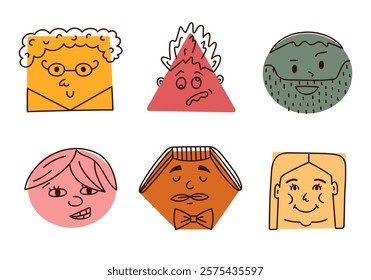 Cute cartoon set of comic faces with friendly and frustrated emotions in geometric shapes. Hand drawn crayon caricature emoticons with line expressions in circle, triangle, rectangle cut out.