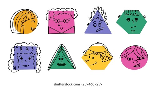 Cute cartoon set of comic faces with positive and negative emotions. Hand drawn crayon caricature emoticons in geometric shapes isolated on background. Funny, sickness, anger, arrogant expressions.