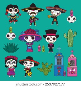 Conjunto lindo de dibujos animados de esqueletos del Día de los Muertos