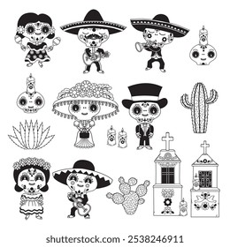 Conjunto lindo de dibujos animados de esqueletos del Día de los Muertos