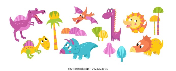 Los dinosaurios de los dibujos animados. Ilustración simple y plana con estilo para el diseño sobre fondo blanco. Plantilla para texto. Gráficos vectoriales