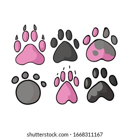 Cute cartoon set of dog paw print vector clipart. Wildlife animal foot print for dog lovers. Stylized fun kids nature trail. Illustration mark. Isolated claw walking print. EPS 10. 