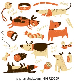 Cute cartoon set with dogs and their ammunition. Vector illustration with pets