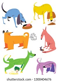 Cute cartoon set with dogs. Vector illustration with pets. Colorful funny animal characters in childlike style. Collection with cheerful dogs