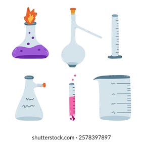 Cute cartoon set with empty and full of chemical solution laboratory beaker. Flat-bottomed, round flask, glassware, tube for scientific experiment, chemistry test. Hand drawn lab equipment isolated.