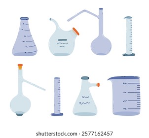 Cute cartoon set with empty laboratory beaker. Flat-bottomed, round, high flask, glassware, tube for scientific experiment, chemistry, medicine test. Hand drawn lab equipment isolated on white.