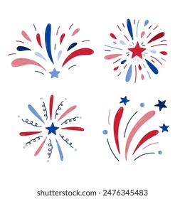 Cute cartoon set with fireworks with stars for holidays, celebration and festival. Sparkling salute as sign of Independence day, 4th July. Hand drawn isolated illustration in colors of USA flag