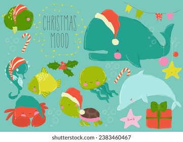 Cute Cartoon Set of Fish and Underwater World with Christmas Elements