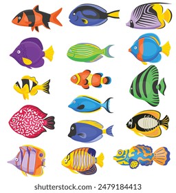 Cute cartoon set of fishes clipart page for kids. Vector illustration for children. Vector illustration of set of fishes isolated on white background.
