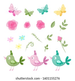 Cute cartoon set of flowers of roses, butterflies and birds for St. Valentine's Day. Vector illustration