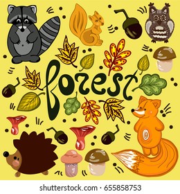 Cute cartoon set with forest animals and leaves and mushrooms