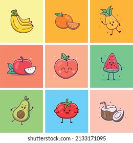 Cute cartoon set of fruits and vegetables in vector. Isolated food vector. Flat cartoon style