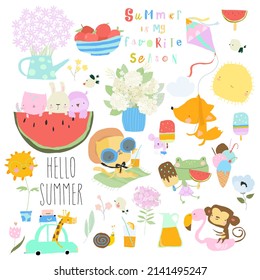 Cute Cartoon Set with Funny Animals meeting Summer