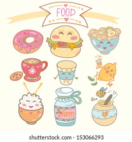 Cute cartoon set of funny food.