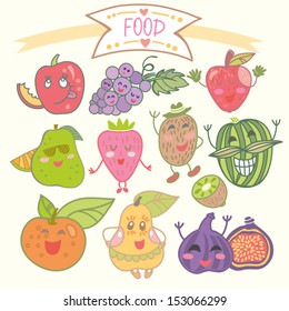 Cute cartoon set of funny fruits.