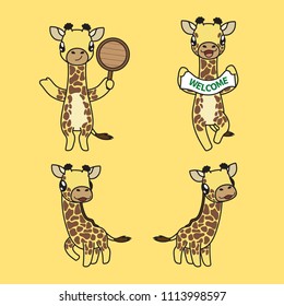 Cute cartoon set of Giraffe Smile , standing two legs , show signage  and happy action , vector Illustration , Isolated on yellow background