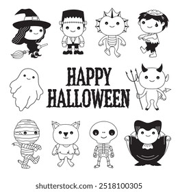 Cute cartoon set of Halloween characters with a Happy Halloween message