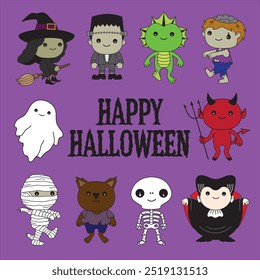 Conjunto lindo de dibujos animados de personajes de Halloween con un mensaje de feliz Halloween