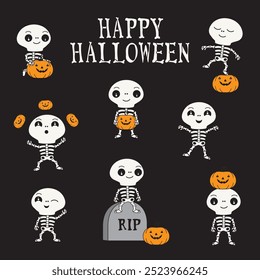 Cute cartoon set of Hallowen skeletons