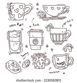 süßes Cartoon-Set mit handgezeichneten Tassen Tee und Kaffee. Vektorgrafik. Skizzen-Clips