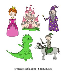 Cute cartoon set of hand drawn sticker puppets: princess, castle, knight on horse, wizard, dragon. Vector illustration. 