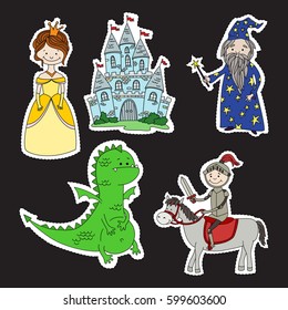 Cute cartoon set of hand drawn sticker puppets: princess, castle, knight on horse, wizard, dragon. Vector illustration. 