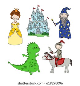 Cute cartoon set of hand drawn sticker puppets: princess, castle, knight on horse, wizard, dragon. Vector illustration. 