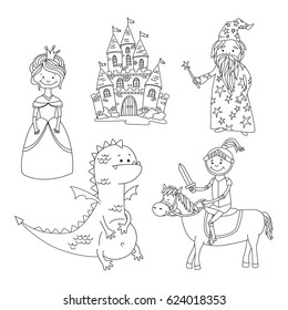 Cute cartoon set of hand drawn sticker puppets: princess, castle, knight on horse, wizard, dragon. Vector illustration. 