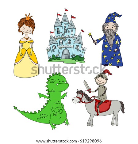 Cute cartoon set of hand drawn sticker puppets: princess, castle, knight on horse, wizard, dragon. Vector illustration. 